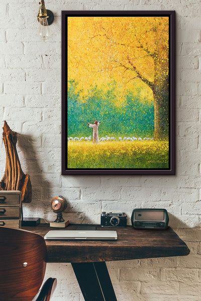Jesus In Yelow Flower Field With Sheeps Poster Framed Matte Canvas