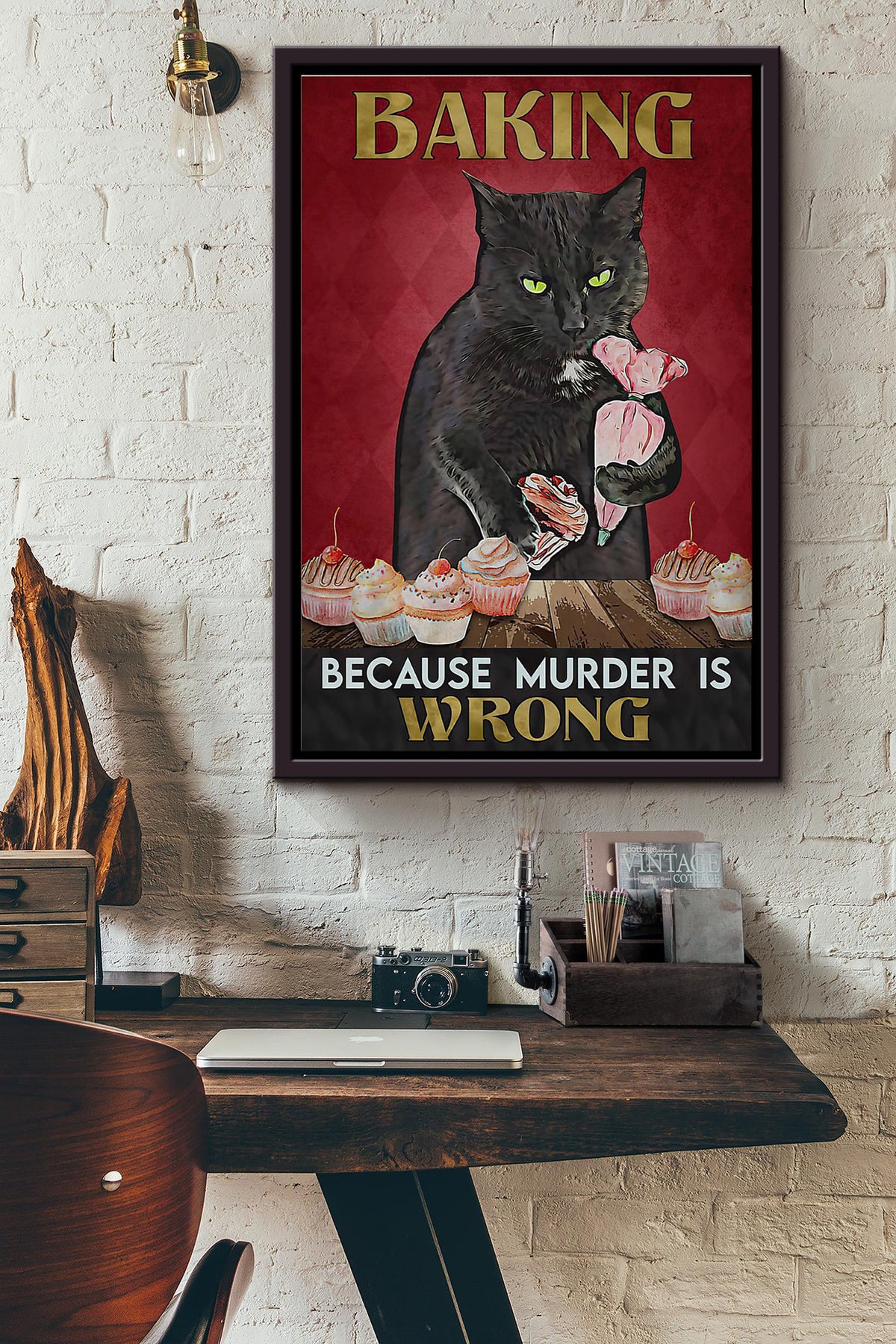 Black Cat Baking Because Murder Is Wrong Poster Framed Matte Canvas