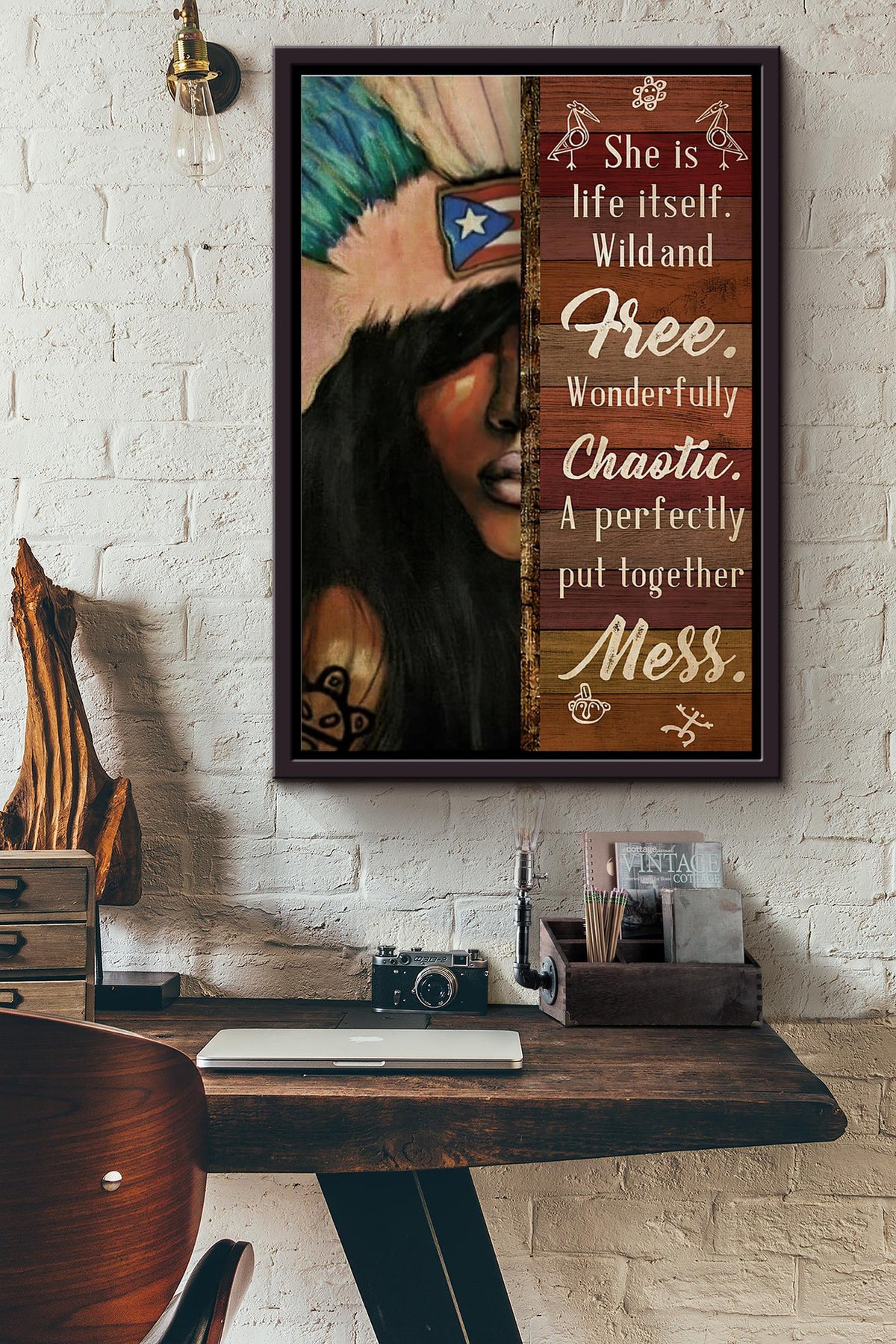Native Woman She Is Life Itself Wild And Free Chaotic Mess Poster Framed Matte Canvas