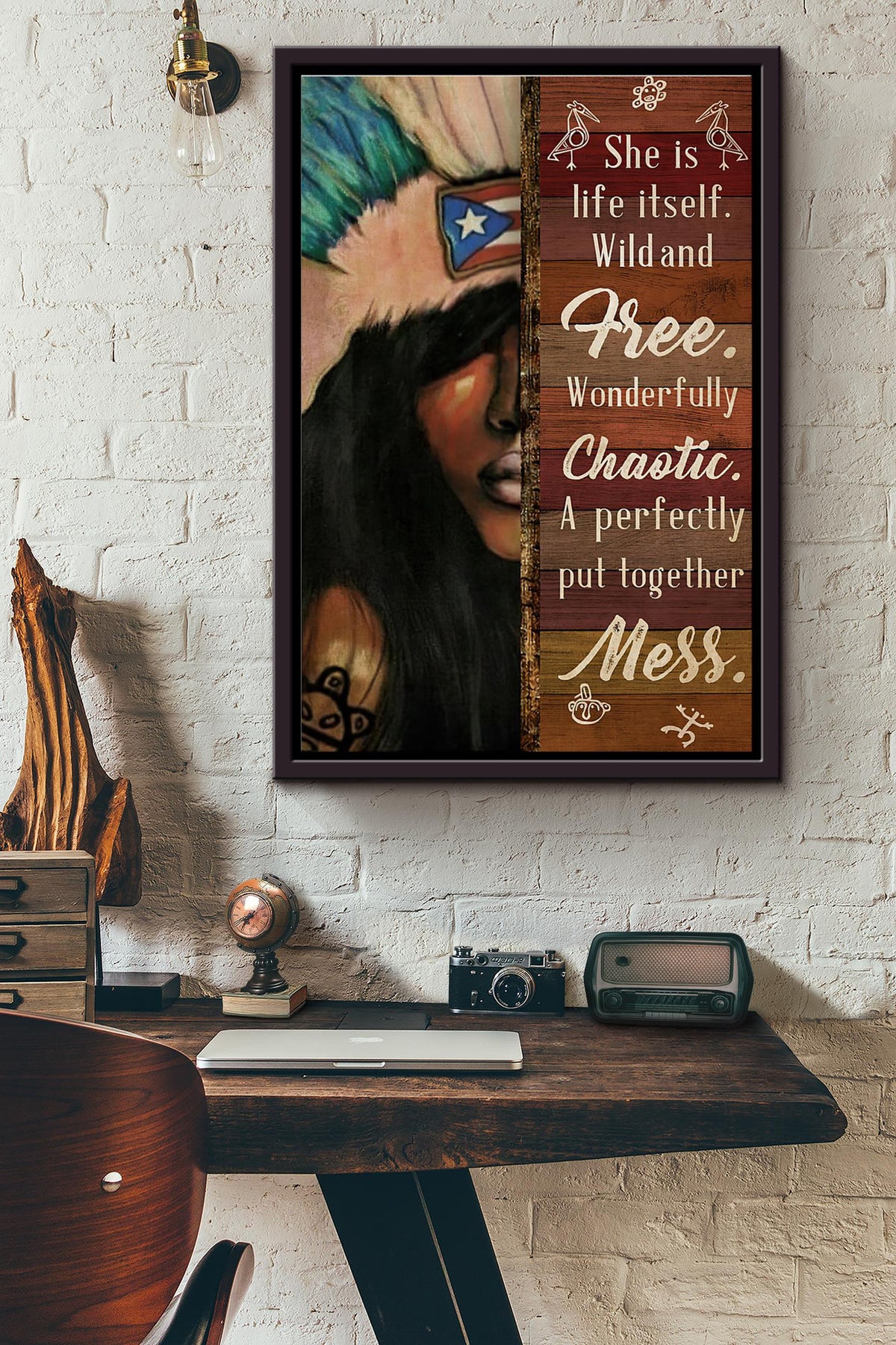 Native Woman She Is Life Itself Wild And Free Chaotic Mess Poster Framed Matte Canvas