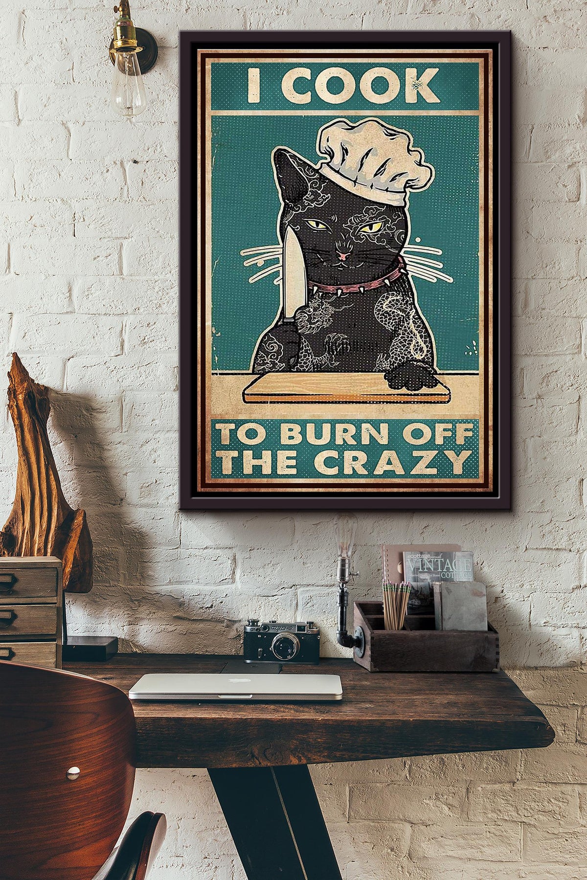 I Cook To Burn Off The Crazy Cat Master Chef With His Knife Poster Framed Matte Canvas