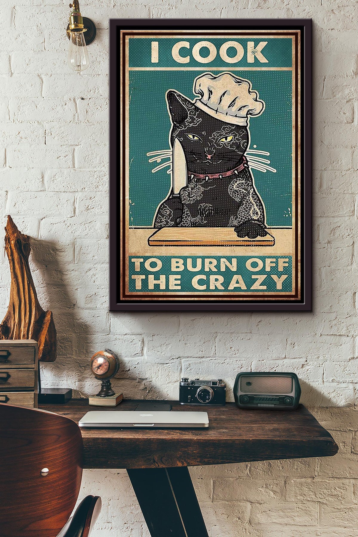 I Cook To Burn Off The Crazy Cat Master Chef With His Knife Poster Framed Matte Canvas