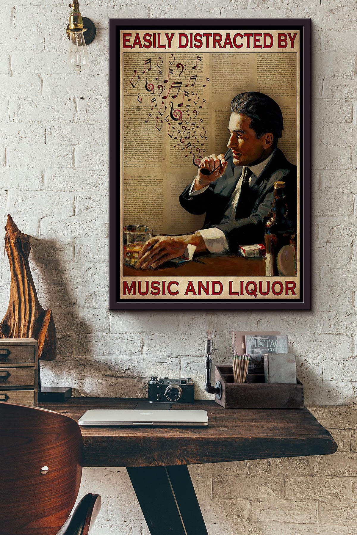Man Smoking Easily Distracted By Music Note And Liquor Poster Framed Matte Canvas