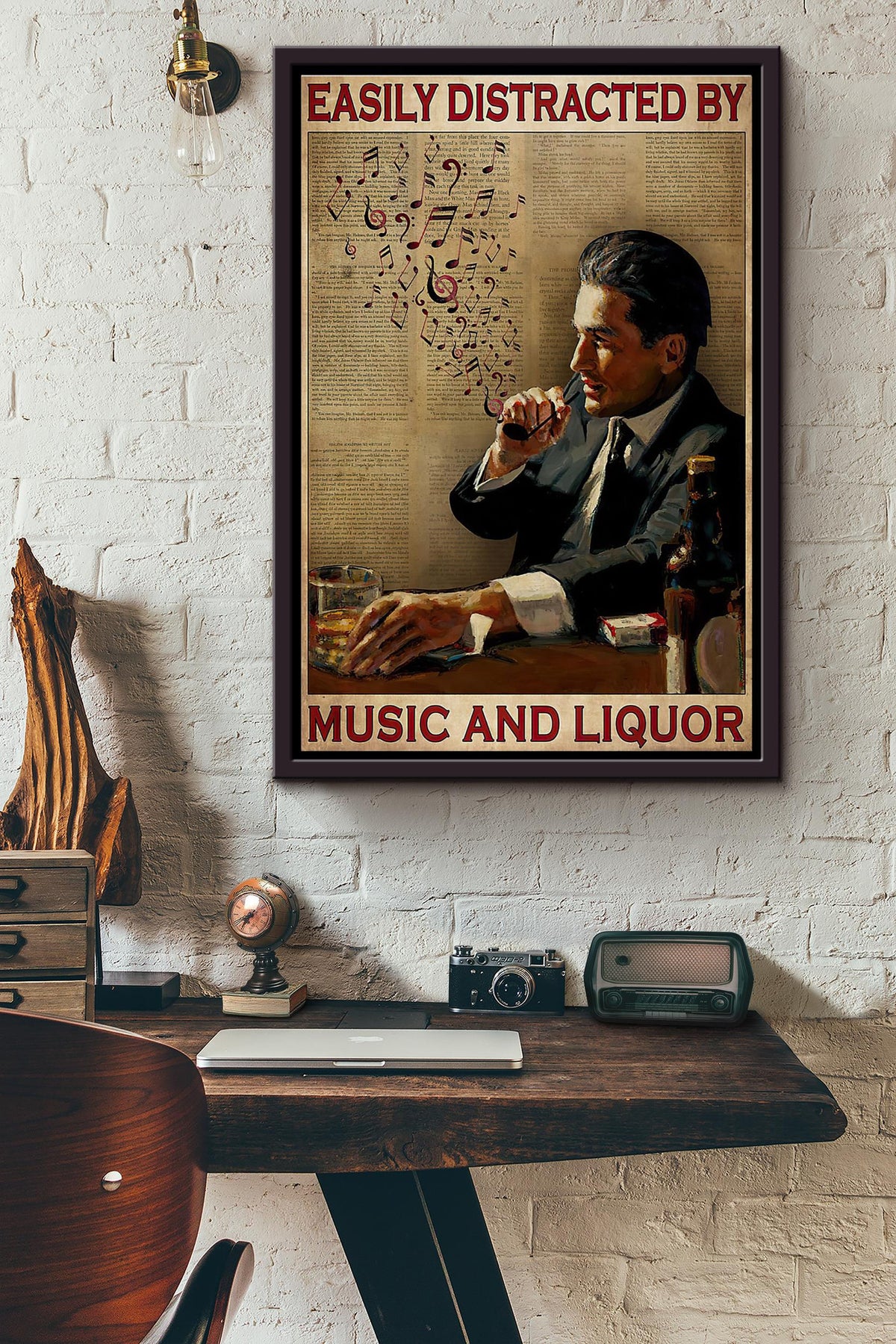 Man Smoking Easily Distracted By Music Note And Liquor Poster Framed Matte Canvas