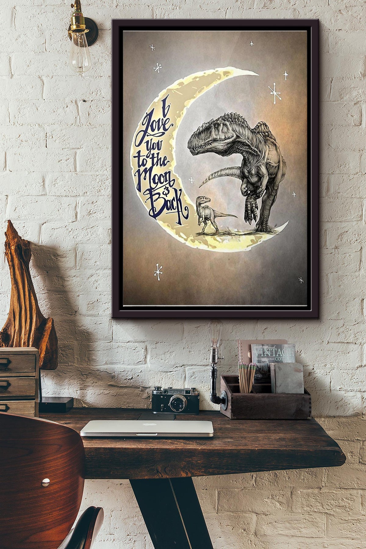 Dinosaurs I Love You To The Moon And Back Poster Framed Matte Canvas