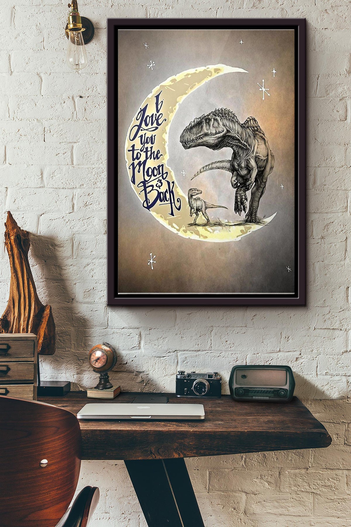 Dinosaurs I Love You To The Moon And Back Poster Framed Matte Canvas