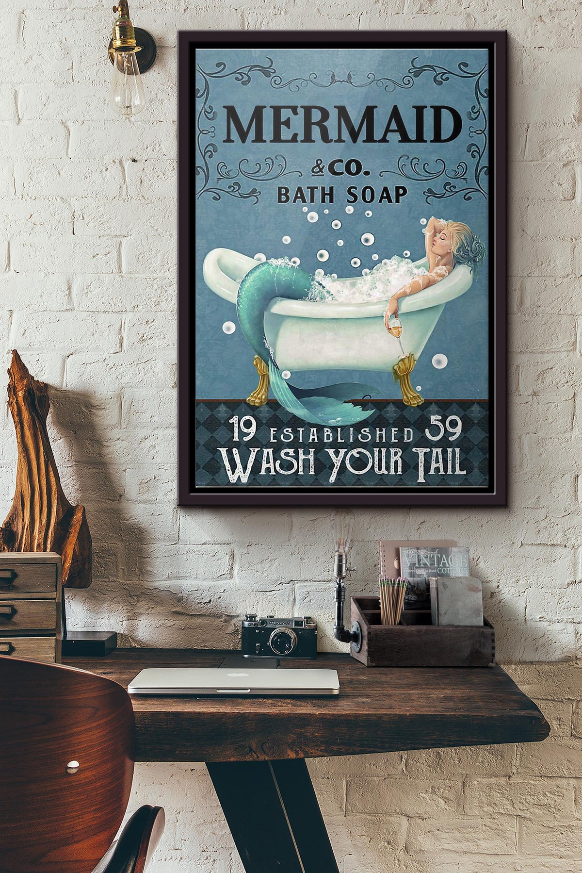 Mermaid Co Bath Soap Wash Your Tail Poster Framed Matte Canvas