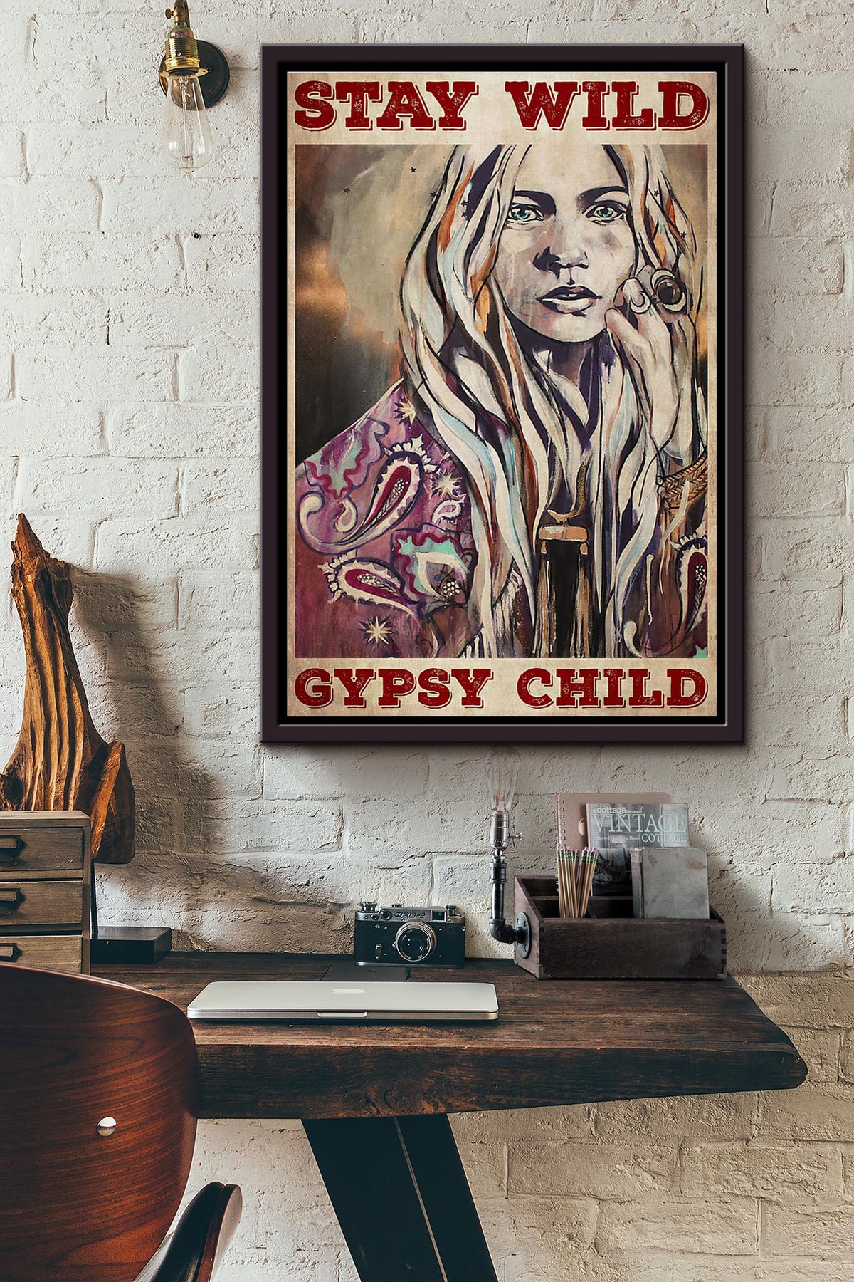 Hippie Girl Stay Wild Gypsy Child Vintage Poster Framed Matte Canvas