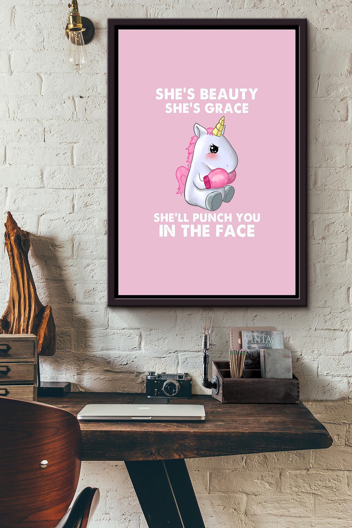 Shes Beauty Shes Grace Shell Punch You In The Face Boxing Unicorn Poster Framed Matte Canvas