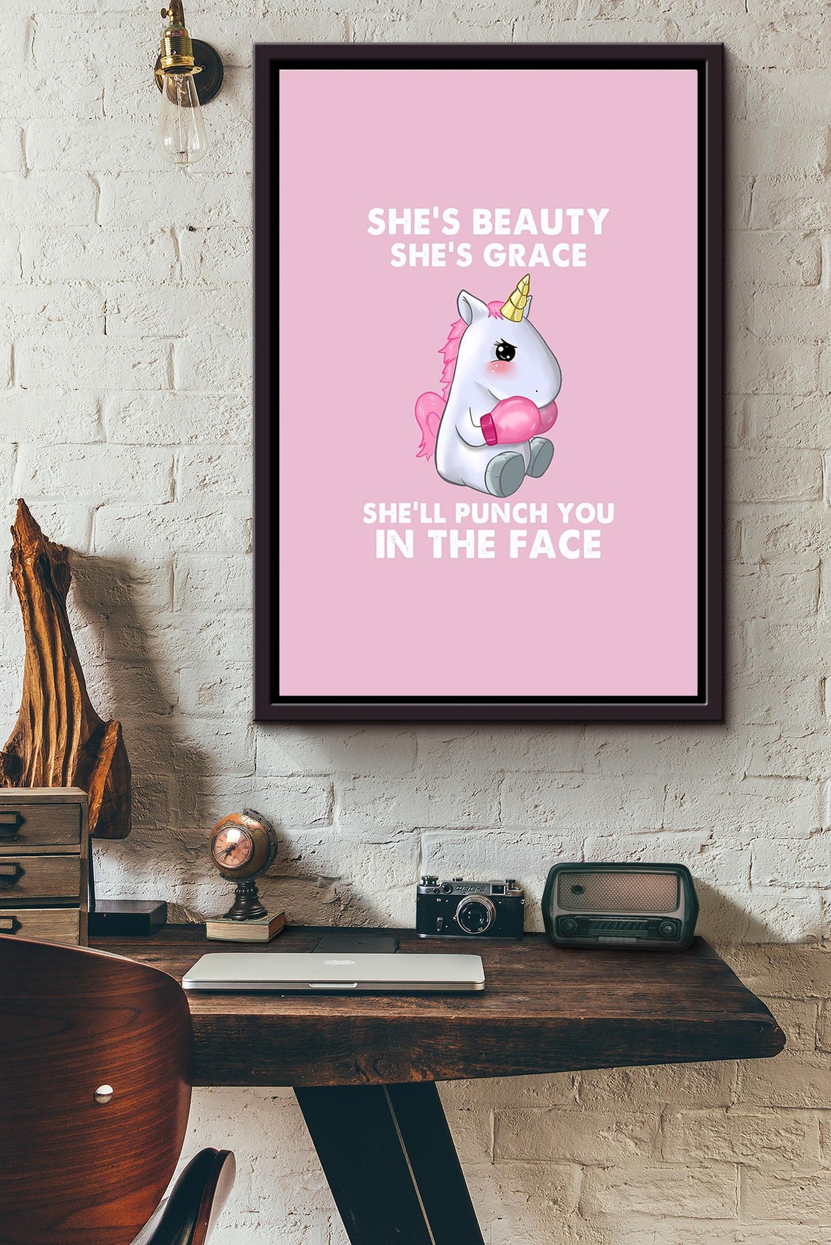 Shes Beauty Shes Grace Shell Punch You In The Face Boxing Unicorn Poster Framed Matte Canvas