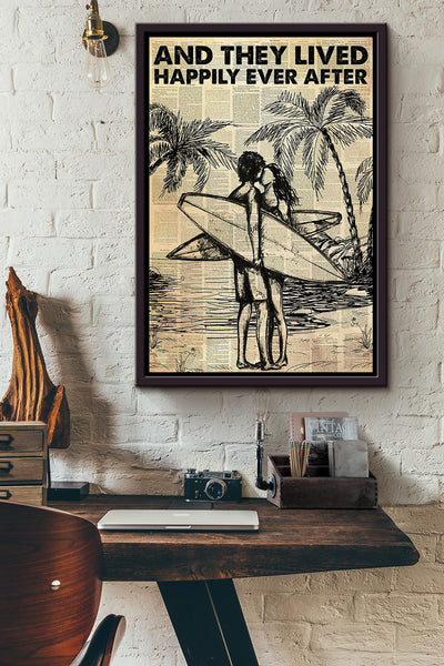 Surfing Couple Palm Tree They Lived Happily Ever After Dictionary Poster Framed Matte Canvas
