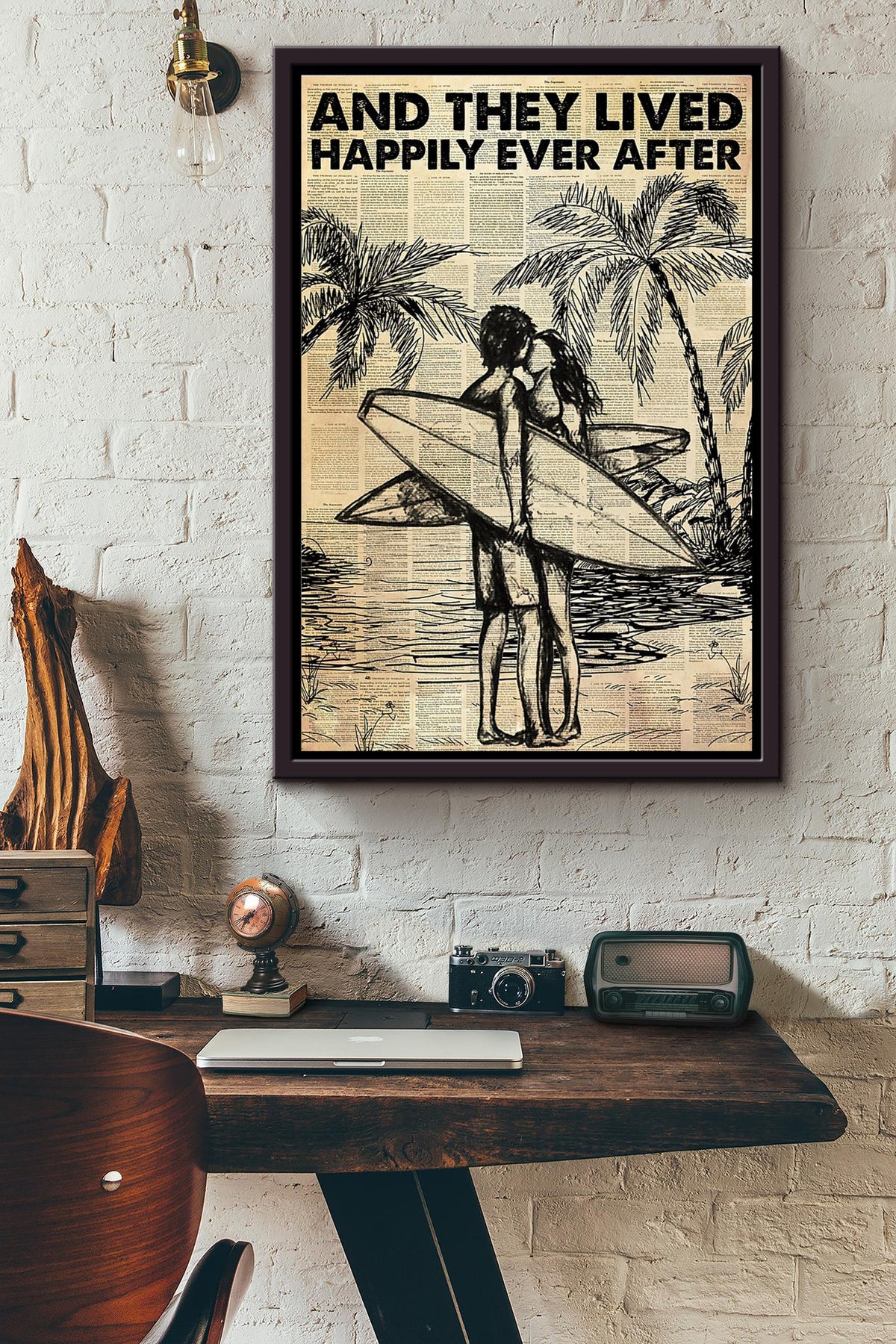 Surfing Couple Palm Tree They Lived Happily Ever After Dictionary Poster Framed Matte Canvas