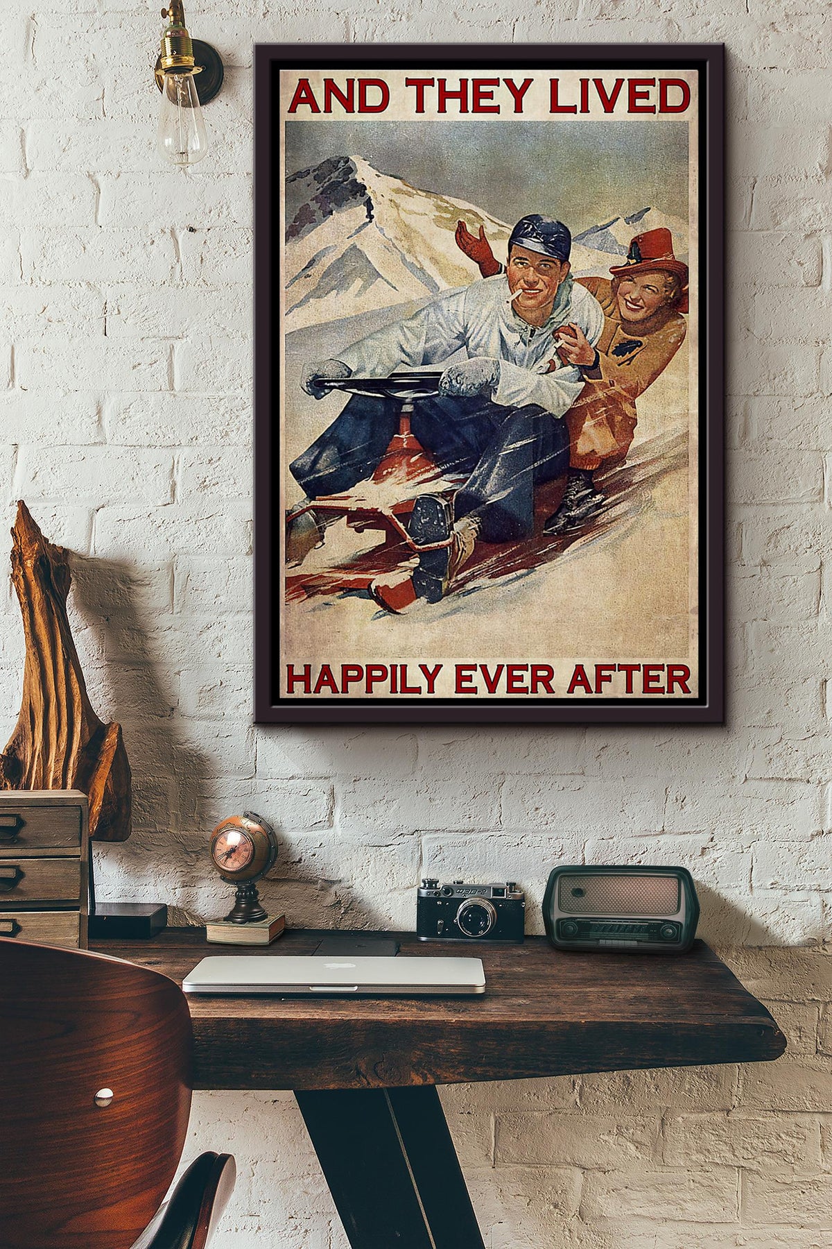 Snowmobile Partners They Lived Happily Ever After Poster Framed Matte Canvas