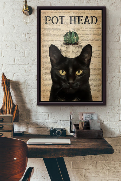 Cat Cactus Pot Head Poster Framed Matte Canvas