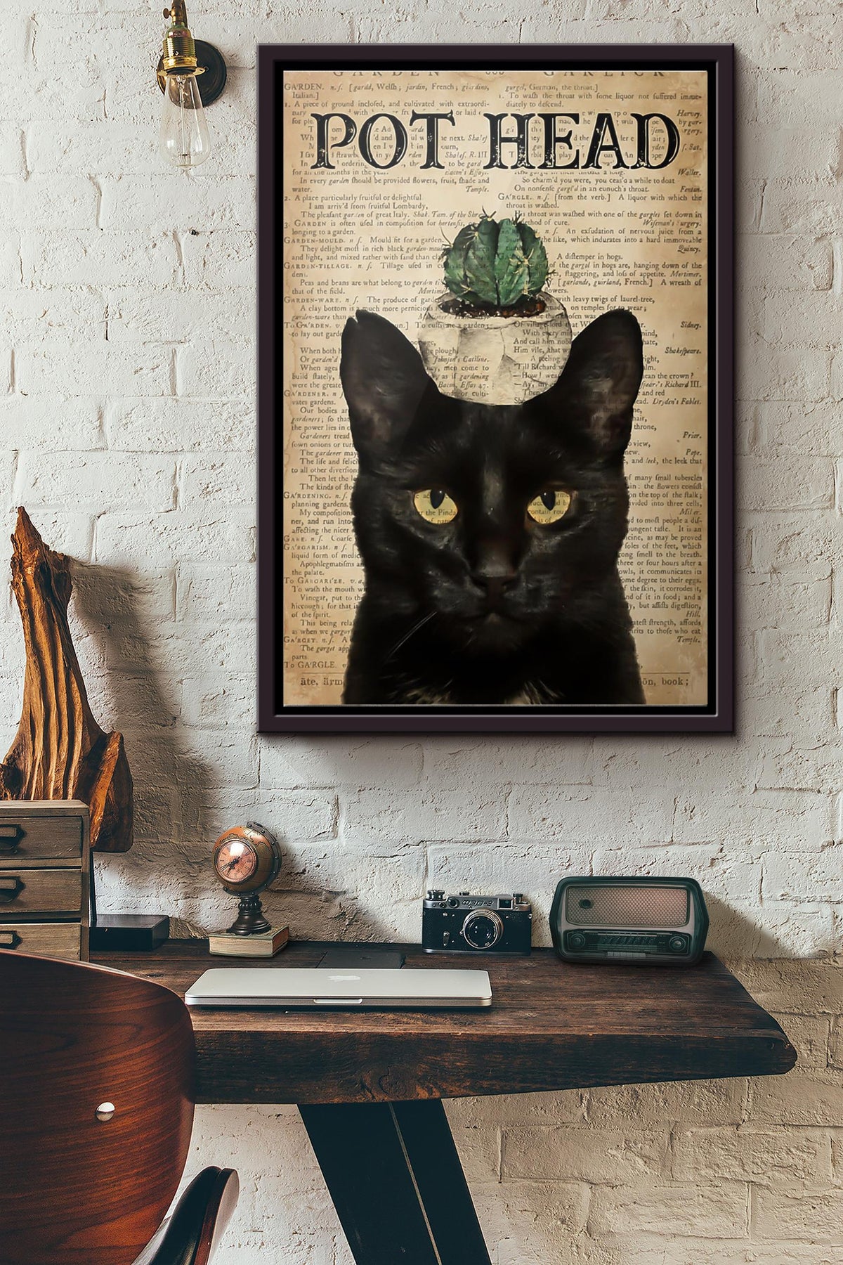 Cat Cactus Pot Head Poster Framed Matte Canvas