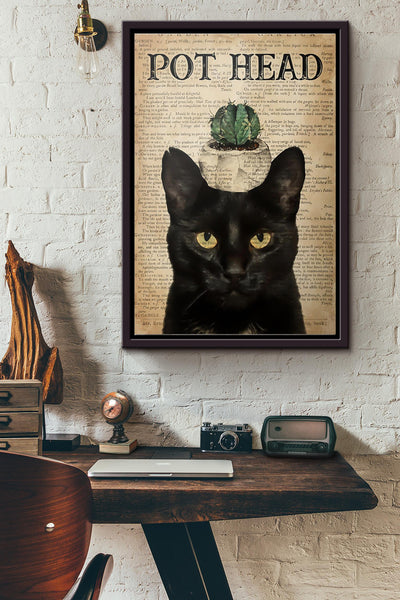 Cat Cactus Pot Head Poster Framed Matte Canvas