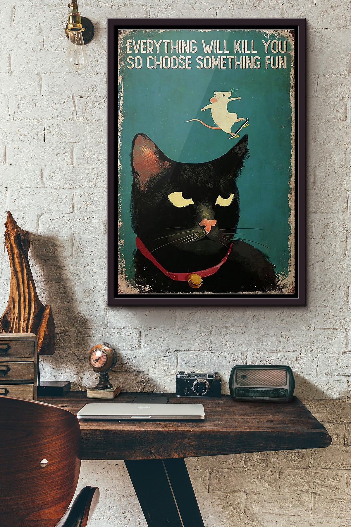 Black Cat Skateboard Mouse Everything Will Kill You So Choose Something Fun Poster Framed Matte Canvas