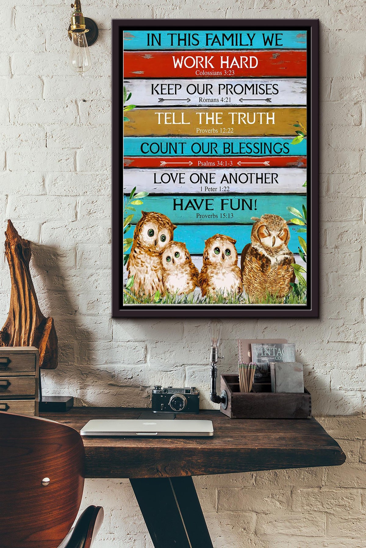 Owl - In This Family We Work Hard Framed Matte Canvas