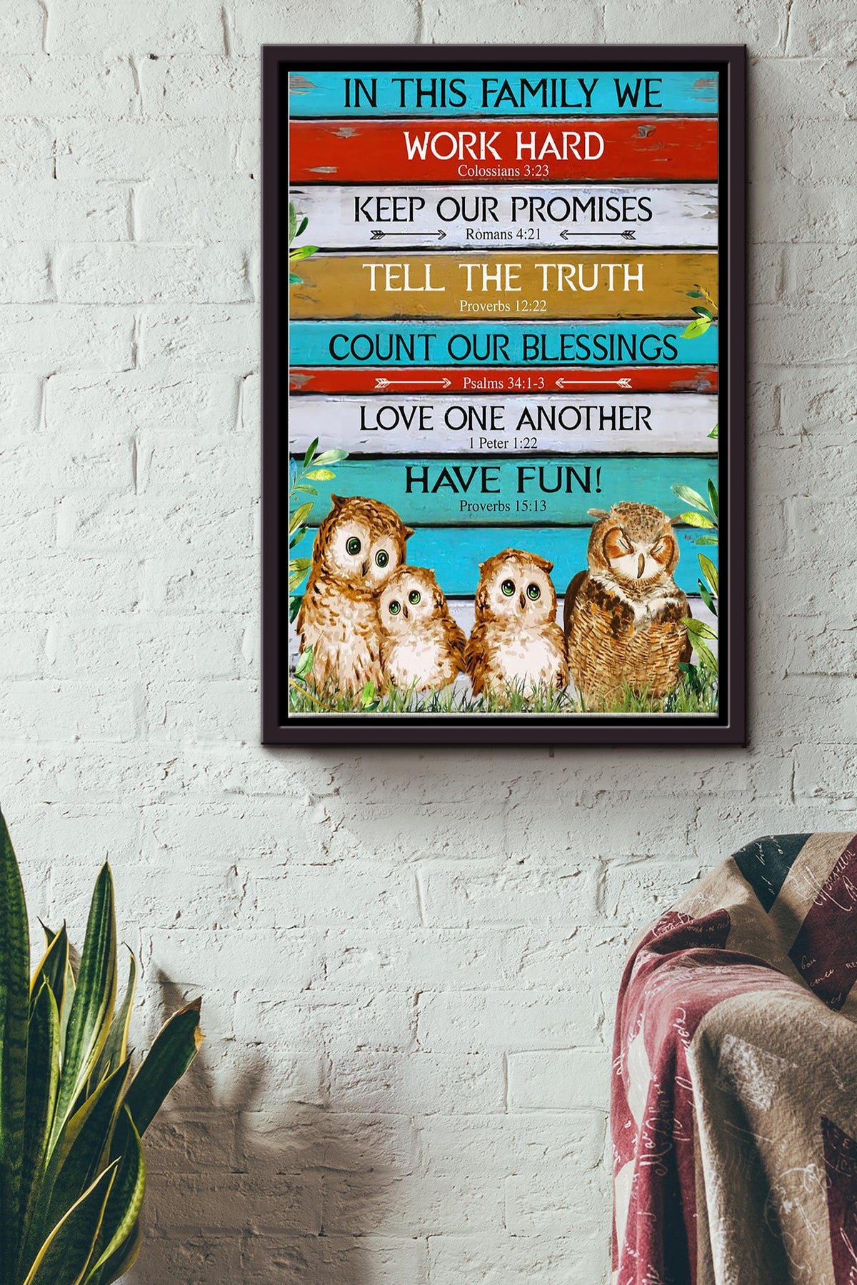 Owl - In This Family We Work Hard Framed Matte Canvas