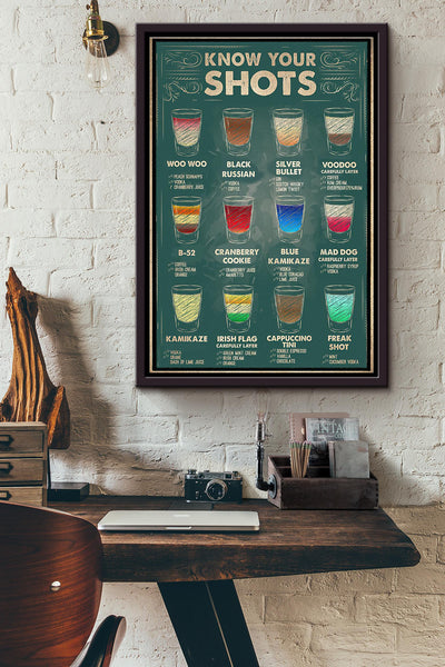 Know Your Shots Cocktails Bartender Poster Framed Matte Canvas