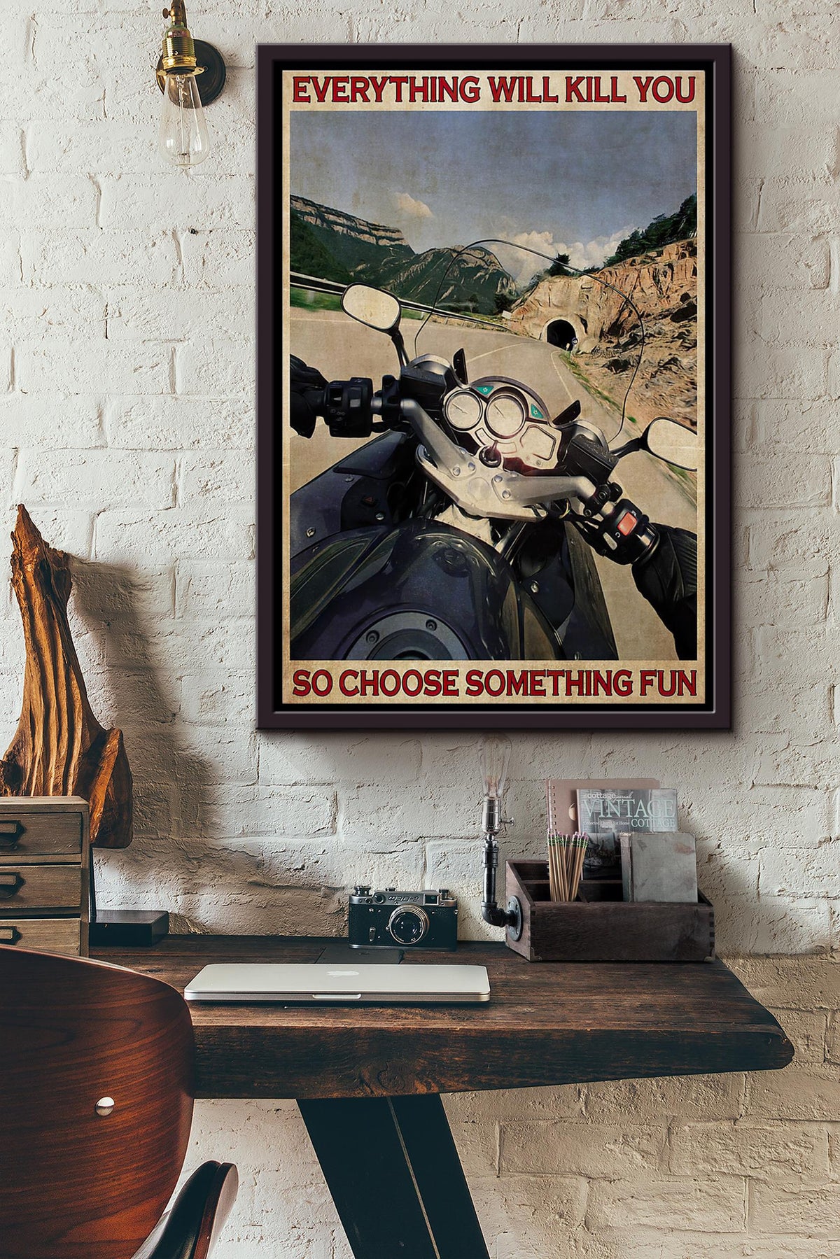 Retro Motorcycle Girl Choose Something Fun Poster Framed Matte Canvas