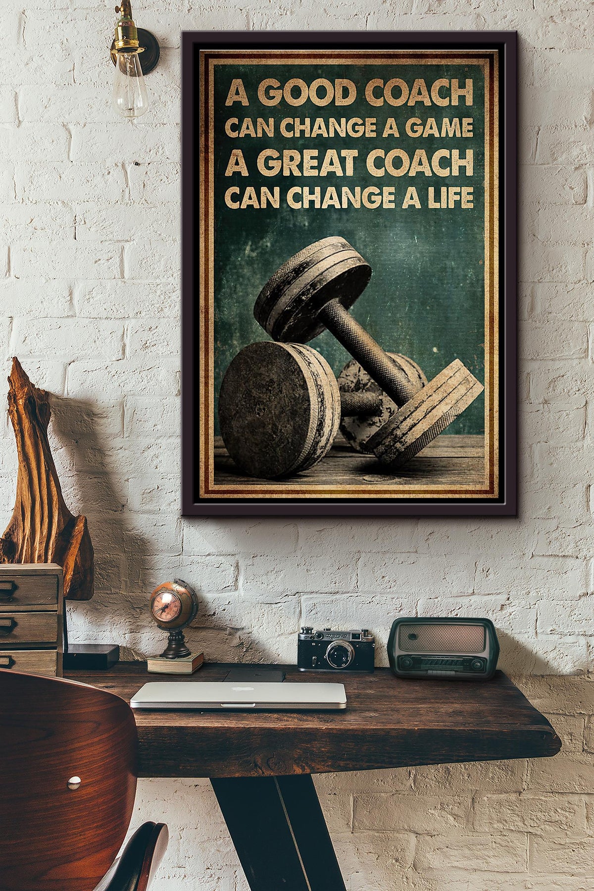 Dumbbell Fitness A Great Coach Can Change A Life Poster Framed Matte Canvas