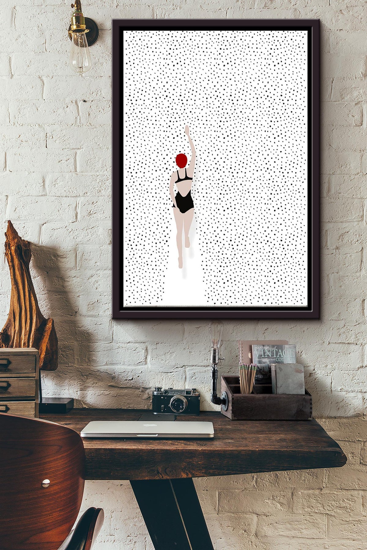Girl Swimming Color Drawing Poster Framed Matte Canvas