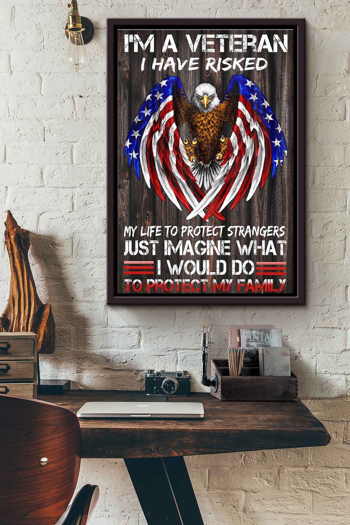 Im A Veteran I Have Risked My Life To Protect Strangers Eagle American Iconic Flag Poster Framed Matte Canvas