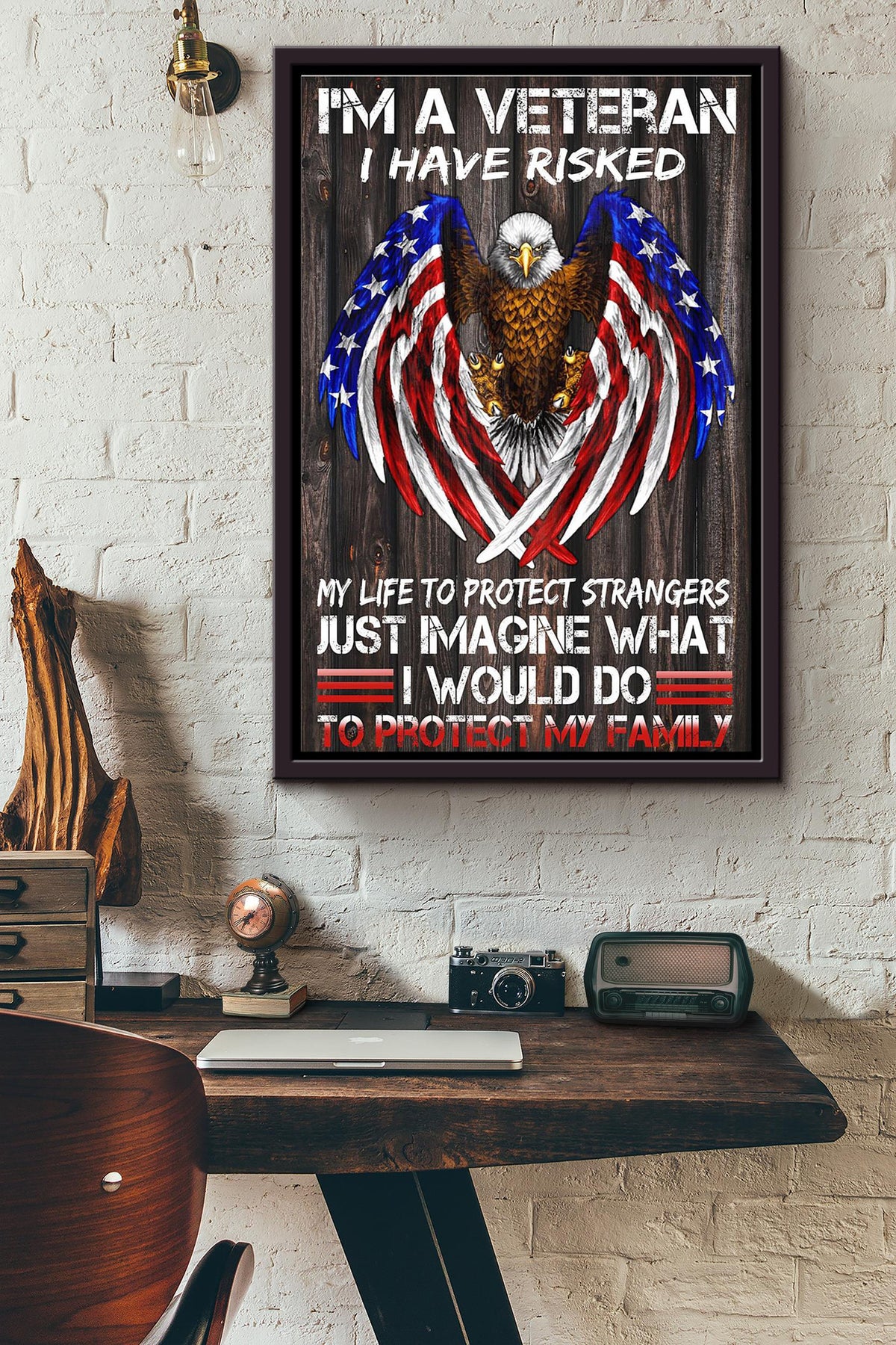 Im A Veteran I Have Risked My Life To Protect Strangers Eagle American Iconic Flag Poster Framed Matte Canvas