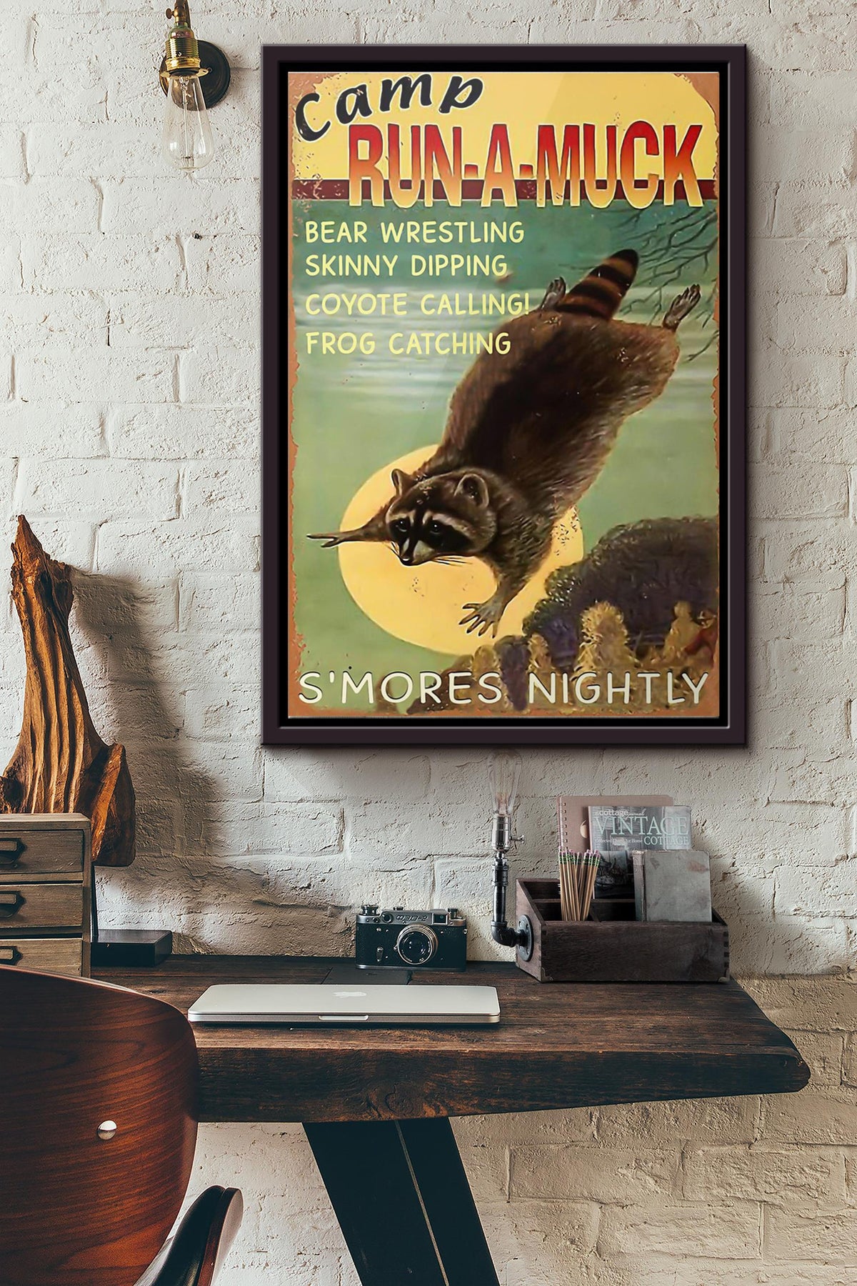 Raccoon Camp Run A Muck Poster Framed Matte Canvas