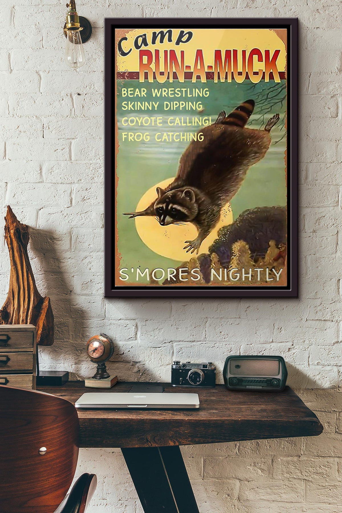 Raccoon Camp Run A Muck Poster Framed Matte Canvas