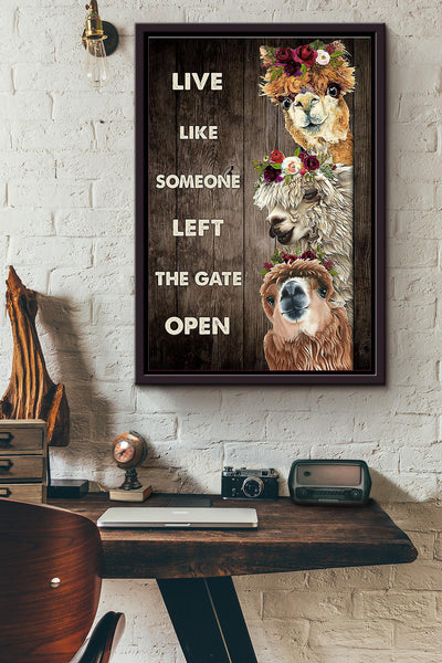 Live Like Someone Left The Gate Open Alpaca Poster Framed Matte Canvas