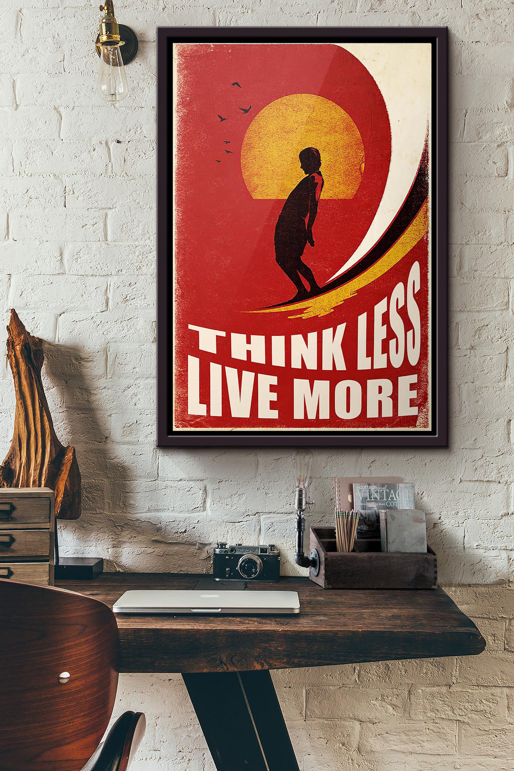 Surfing Think Less Live More Poster Framed Matte Canvas