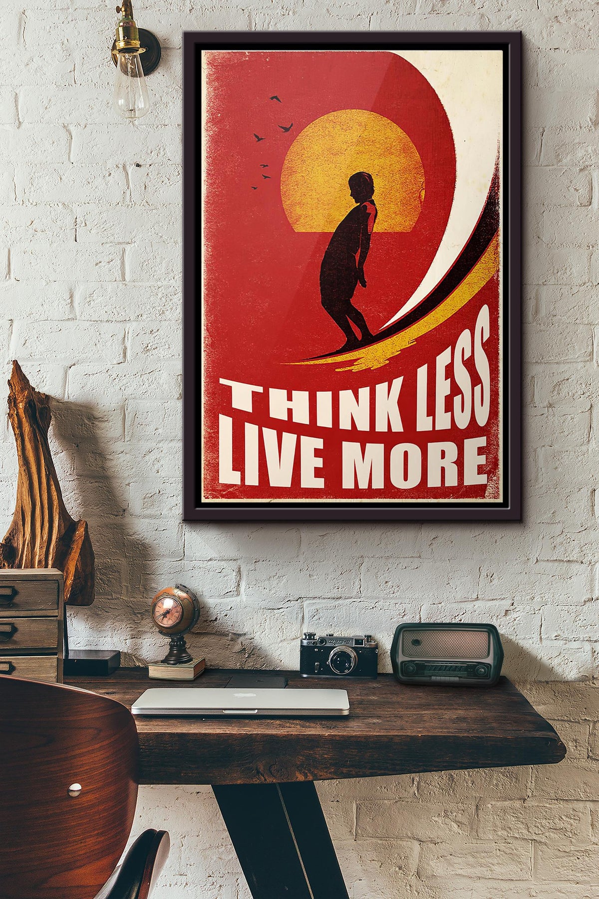 Surfing Think Less Live More Poster Framed Matte Canvas