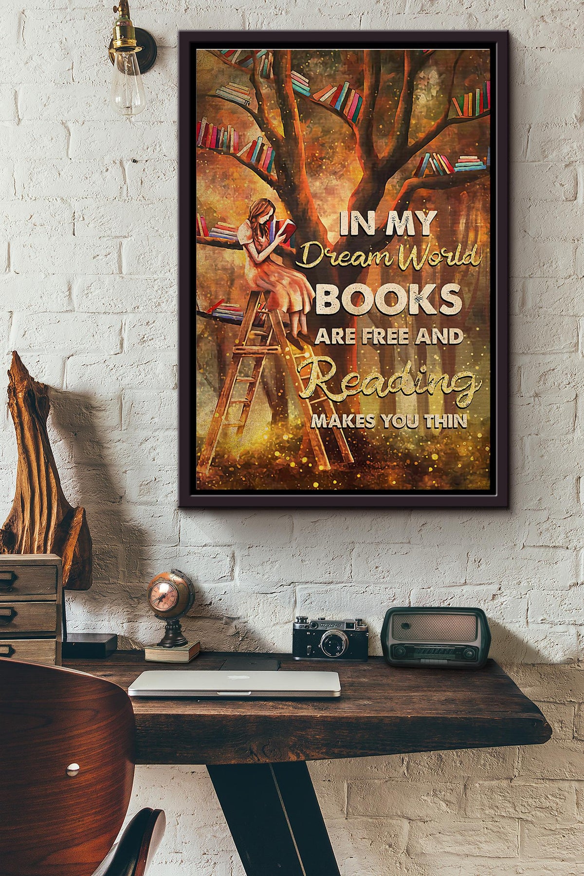 In My Dream World Books Are Free Reading Tree Poster Framed Matte Canvas