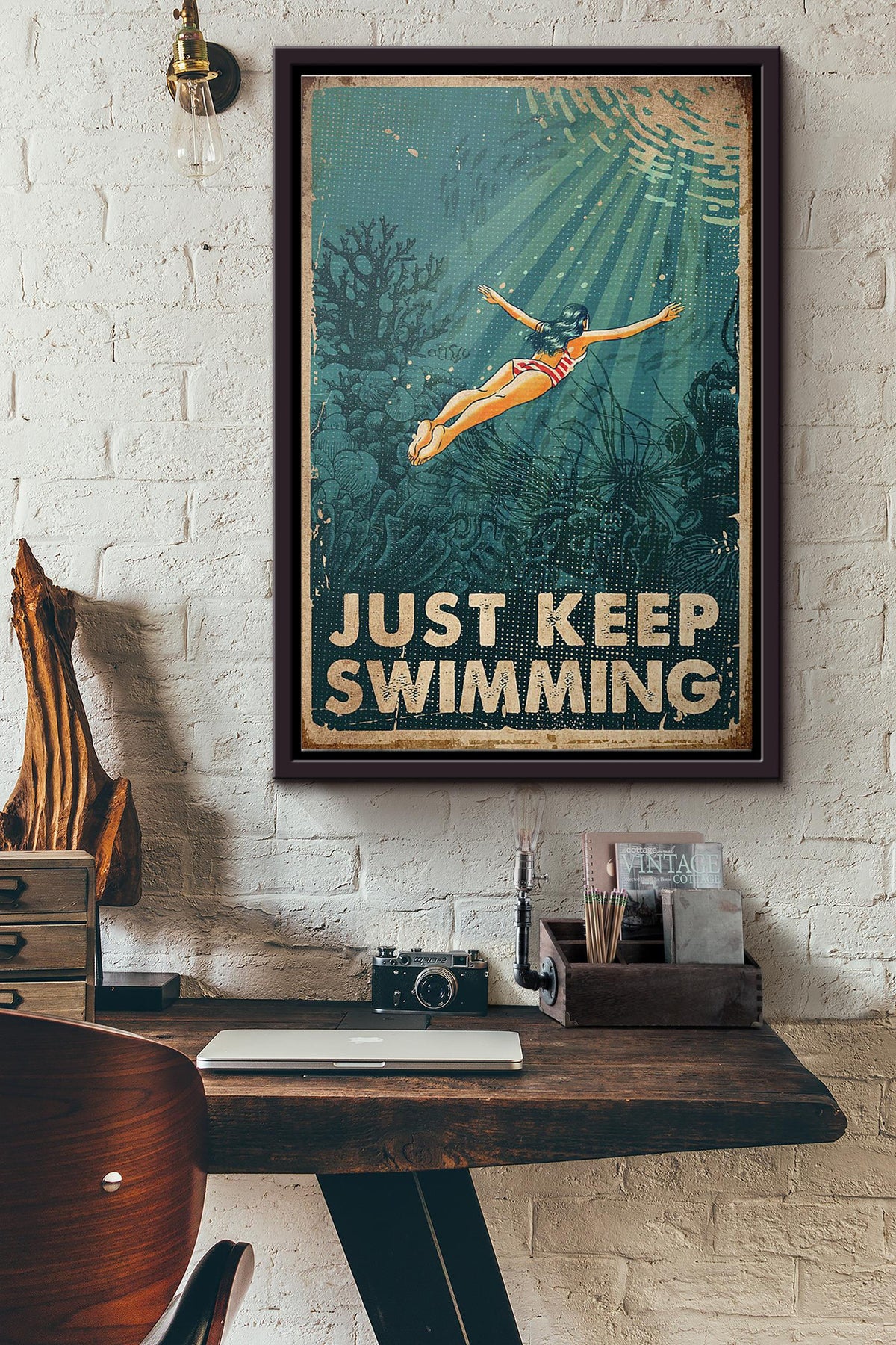 Swimming Just Keep Swimming Poster Framed Matte Canvas