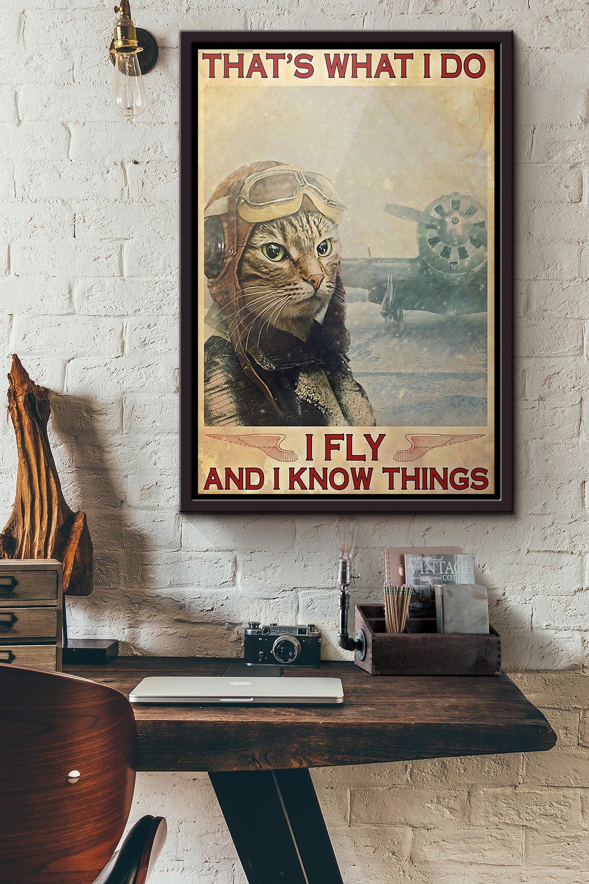 Cat Thats What I Do I Fly And I Know Things Poster Framed Matte Canvas