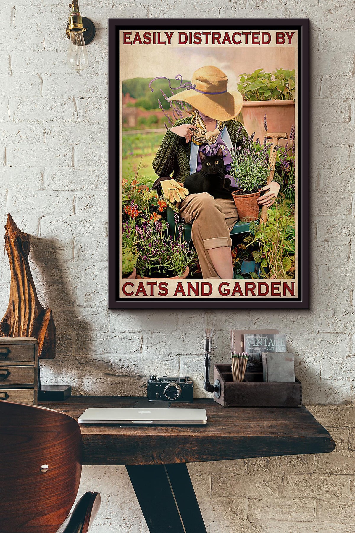 Easily Distracted By Black Cat And Garden Gardener Poster Framed Matte Canvas