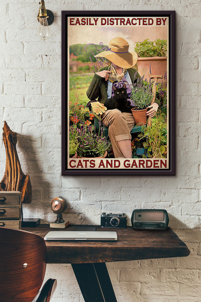 Easily Distracted By Black Cat And Garden Gardener Poster Framed Matte Canvas