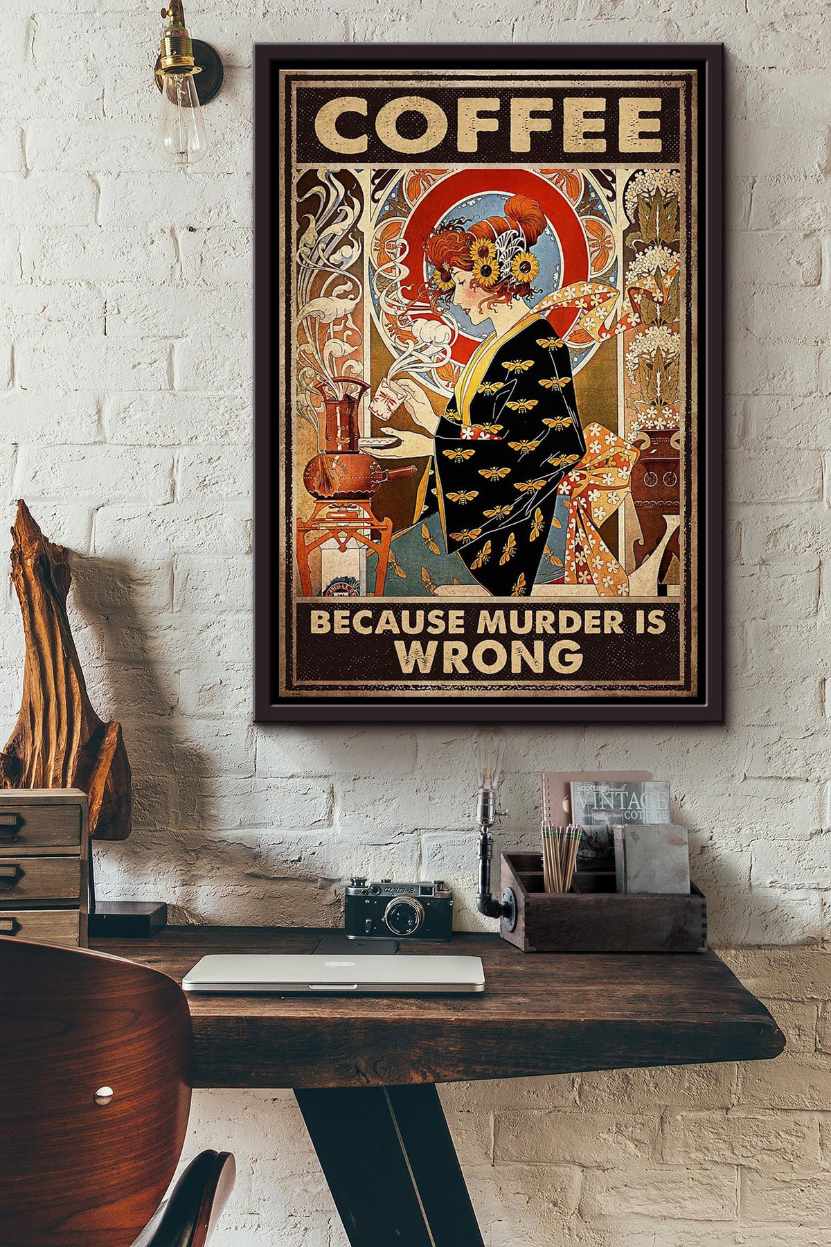 Vintage Woman Drinking Coffee Because Murder Is Wrong Poster Framed Matte Canvas