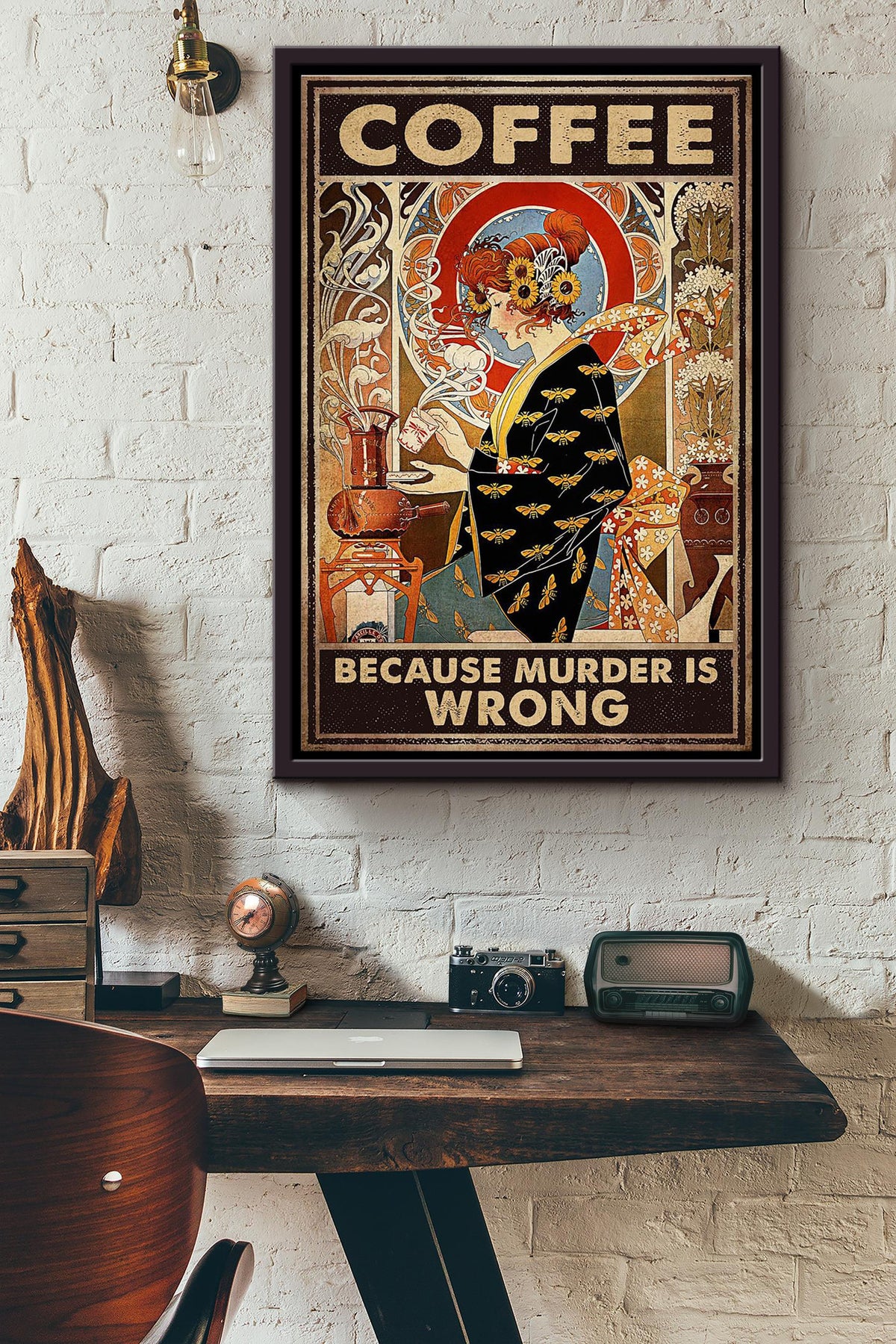Vintage Woman Drinking Coffee Because Murder Is Wrong Poster Framed Matte Canvas