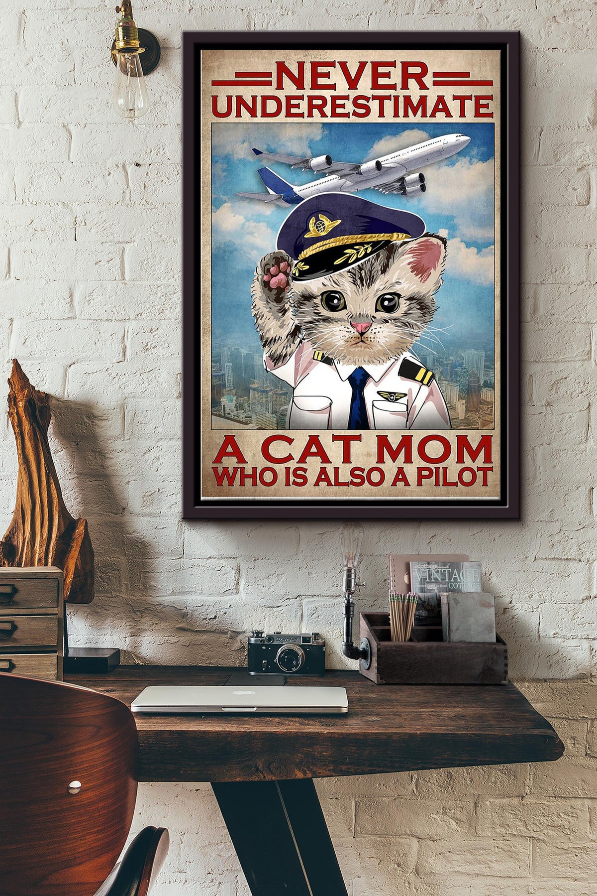Never Underestimate A Cat Mom Who Is Also A Pilot Poster Framed Matte Canvas