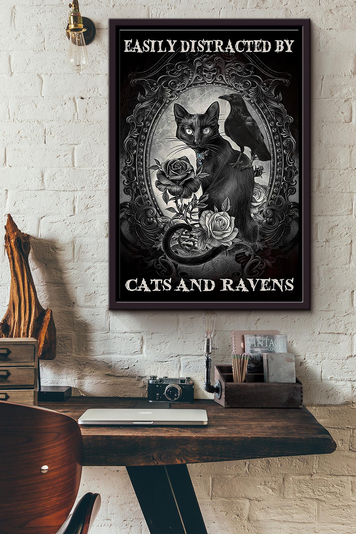 Easily Distracted By Cats And Ravens Rose Poster Framed Matte Canvas