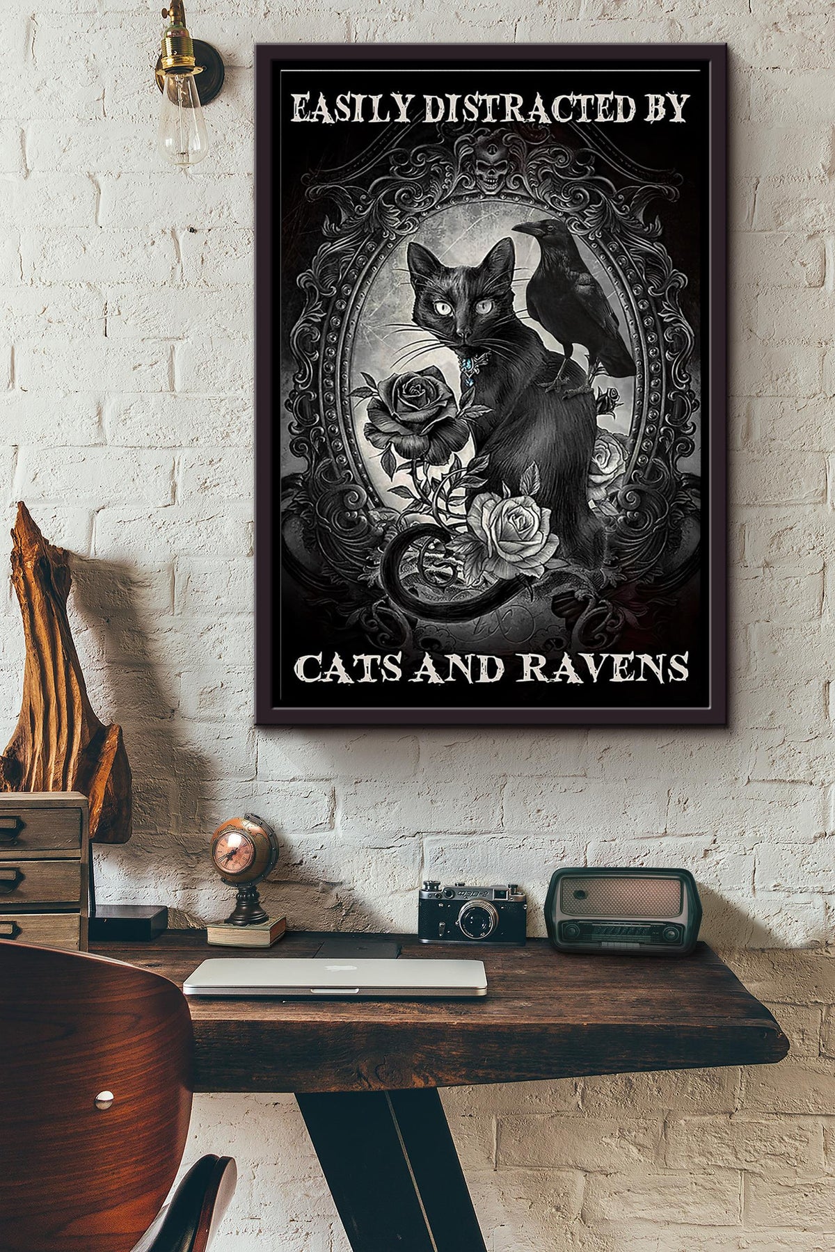 Easily Distracted By Cats And Ravens Rose Poster Framed Matte Canvas