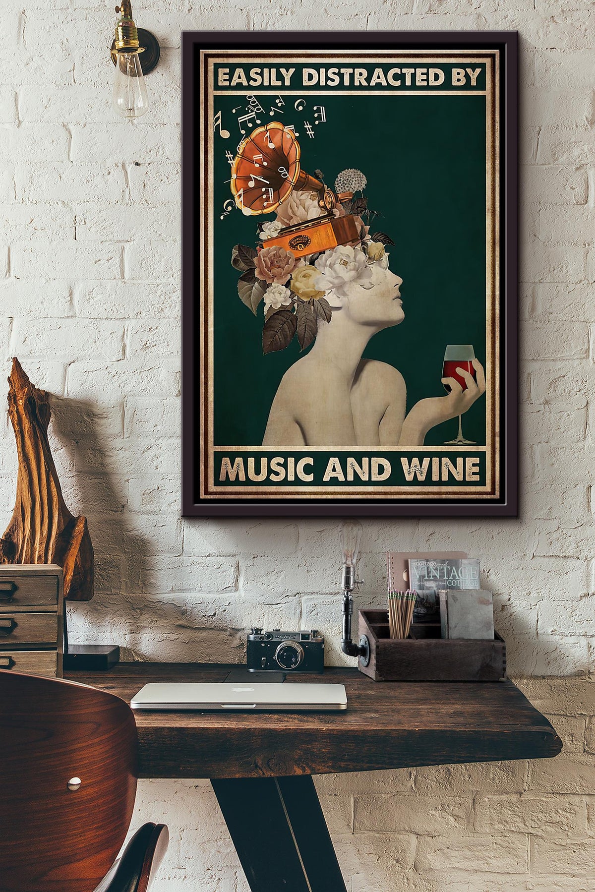 Girl Gramophone Easily Distracted By Music And Wine Poster Framed Matte Canvas
