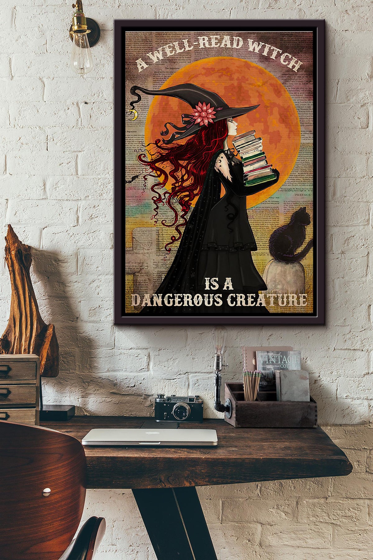 A Well Read Witch Is A Dangerous Creature Blood Moon Dictionary Poster Framed Matte Canvas