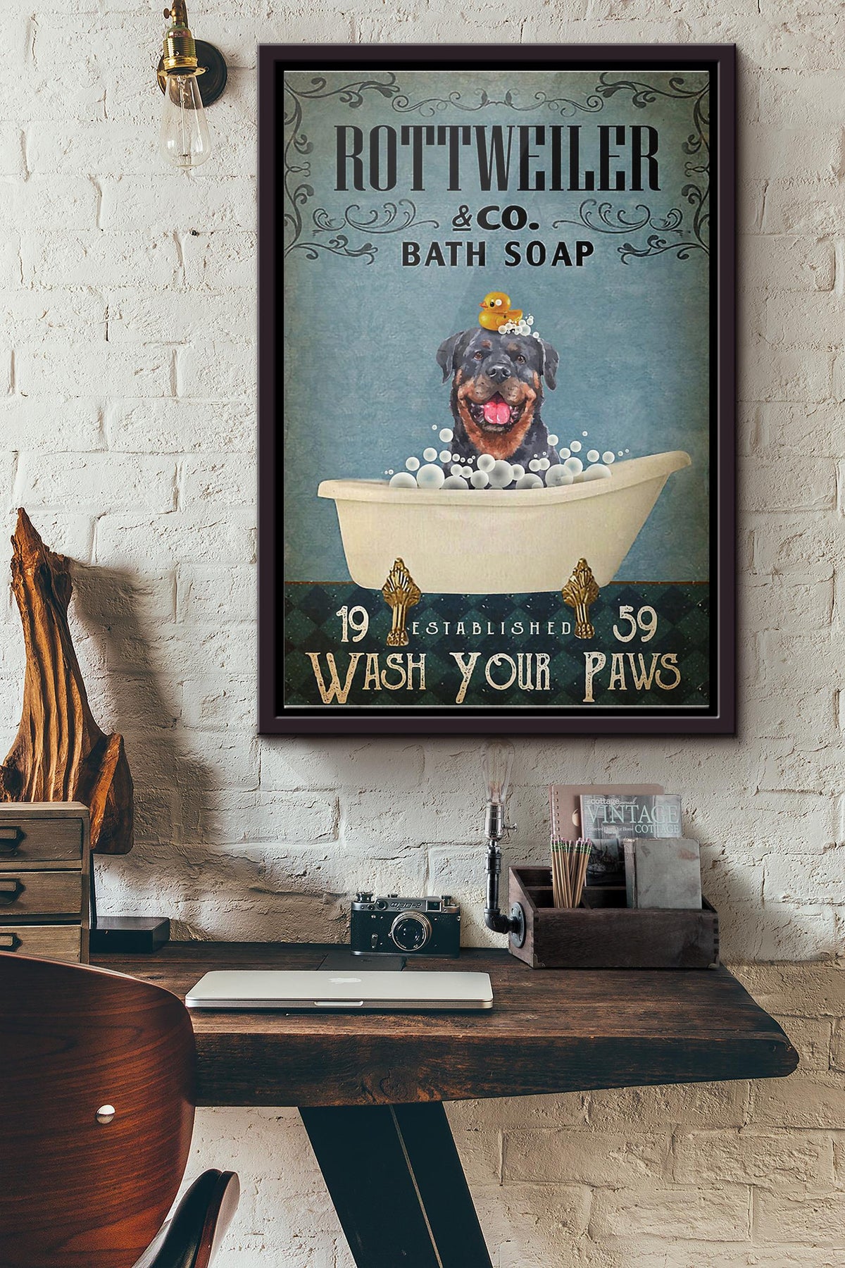 Bath Soap Company Rottweiler Wash Your Paws Poster Framed Matte Canvas