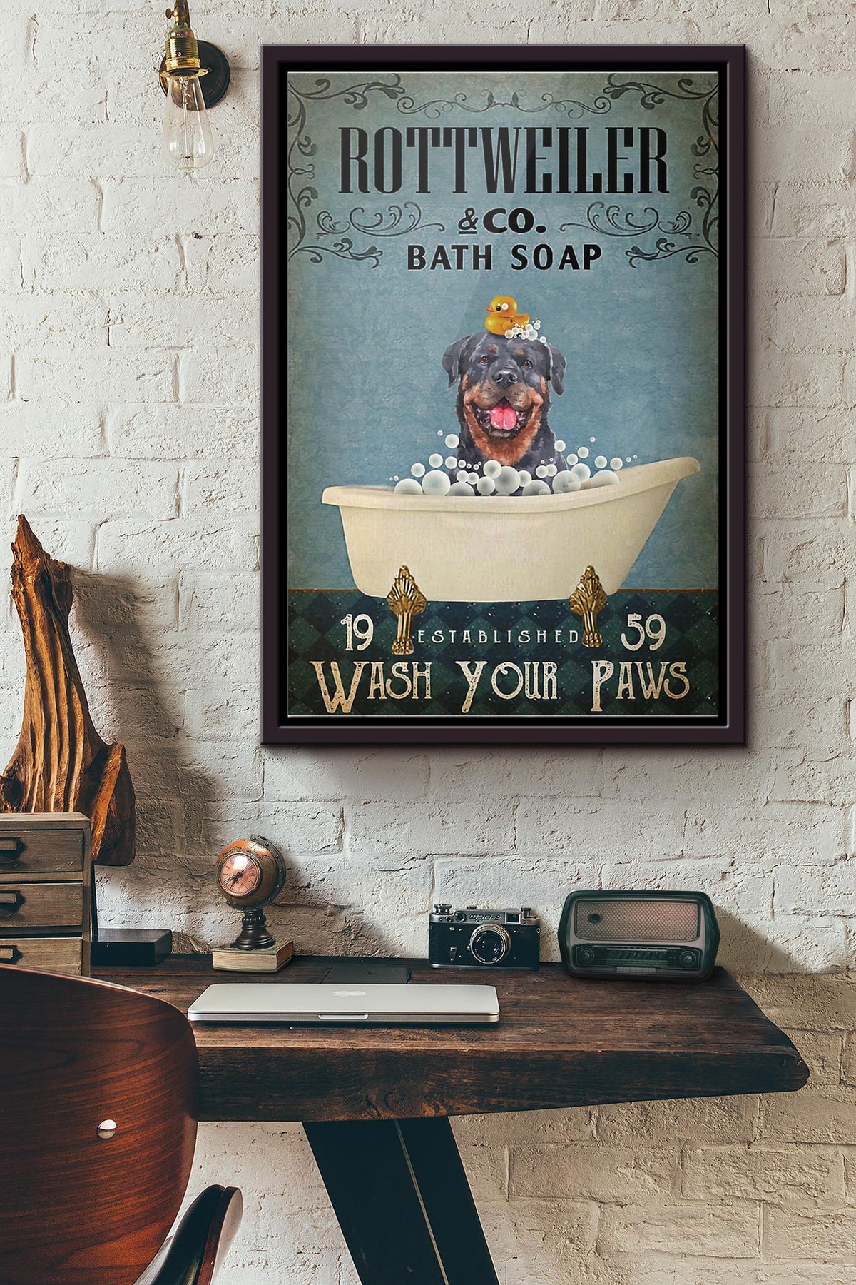 Bath Soap Company Rottweiler Wash Your Paws Poster Framed Matte Canvas