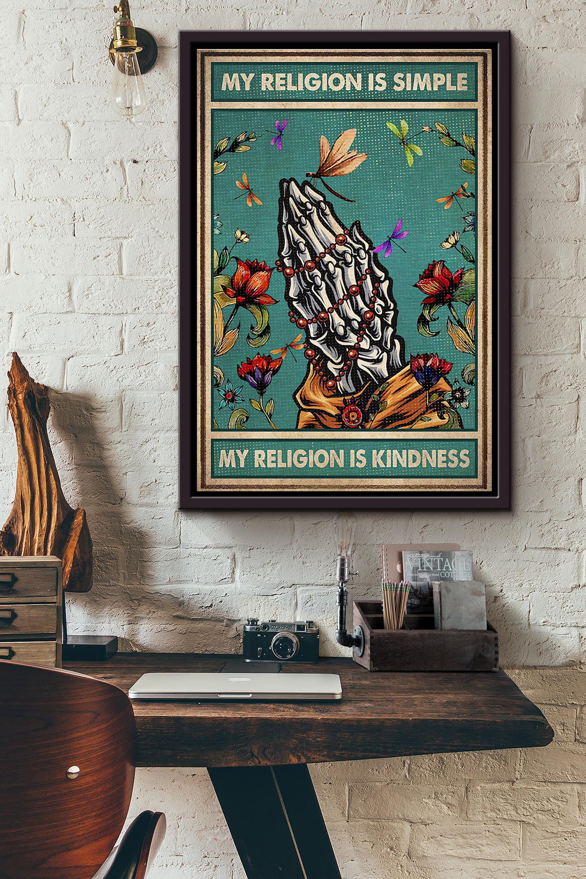 My Religion Is Simple My Religion Is Kindness Skull Prayer Poster Framed Matte Canvas