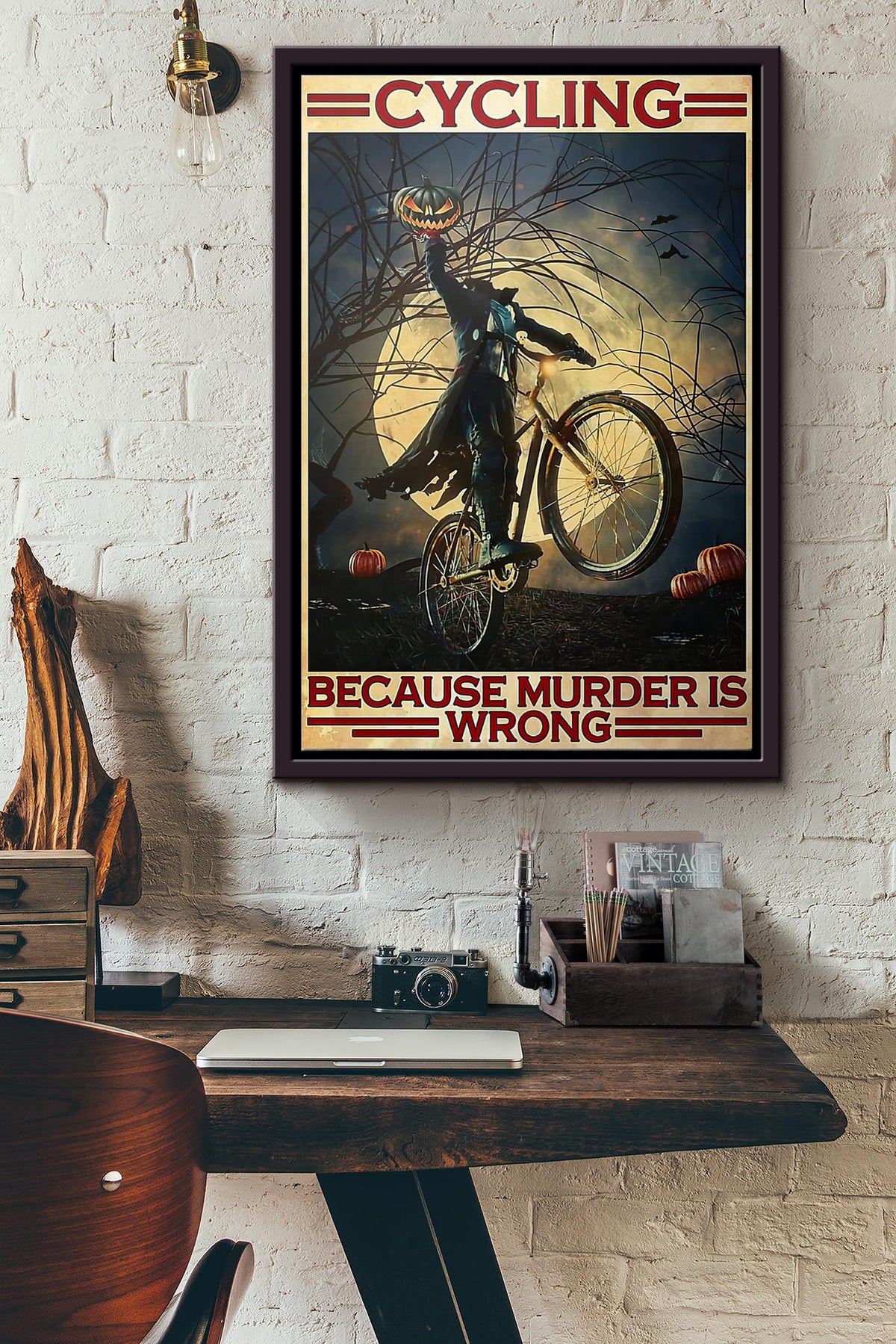 Cycling Because Murder Is Wrong Funny Halloween Poster Framed Matte Canvas